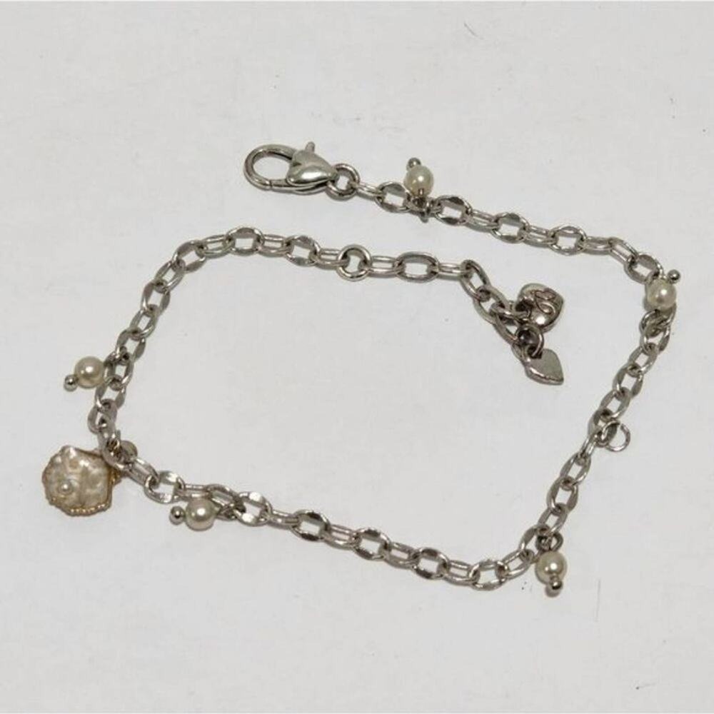 Brighton Silver Tone Faux Pearl Shell Charm Bracelet Heart Tag Nautical Coastal